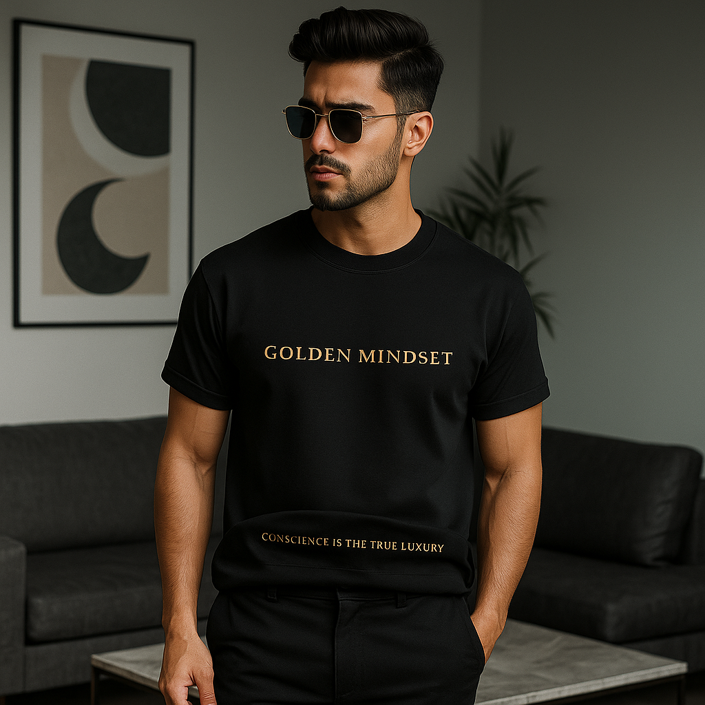 Homem vestindo camiseta Hemp Tech Golden Mindset - Lifestyle premium